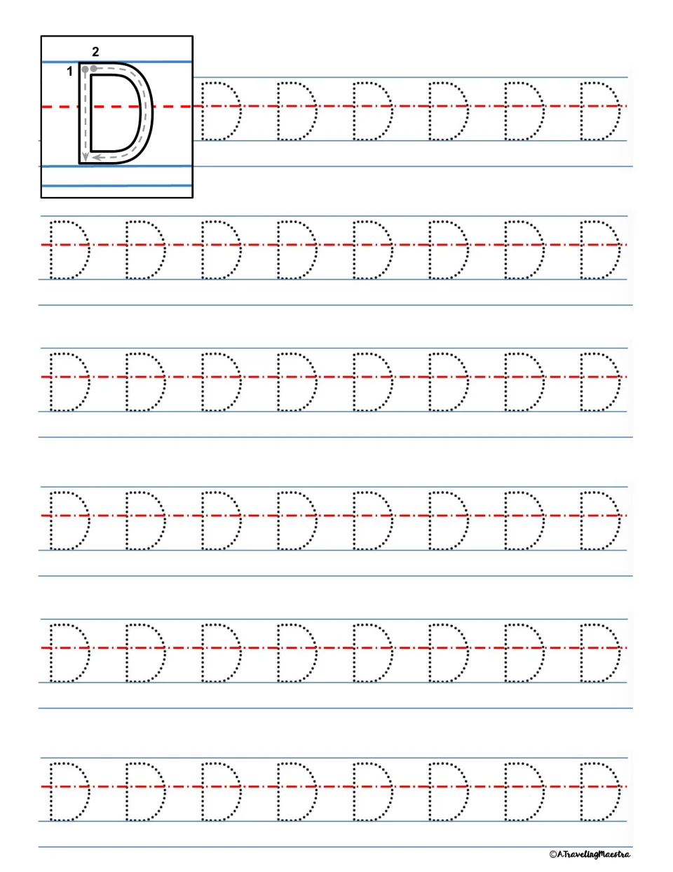 Capital D tracing: students follow the two numbered strokes for D, then trace rows of dotted D letters