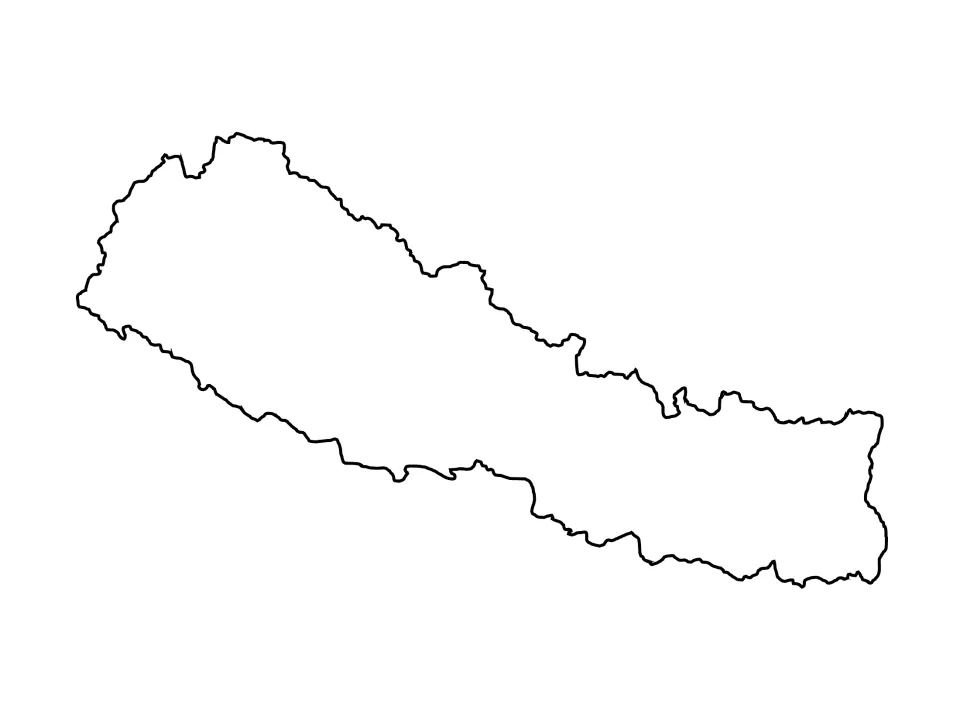 Blank outline map of Nepal showing only the national border, ready for students to label cities, rivers or regions