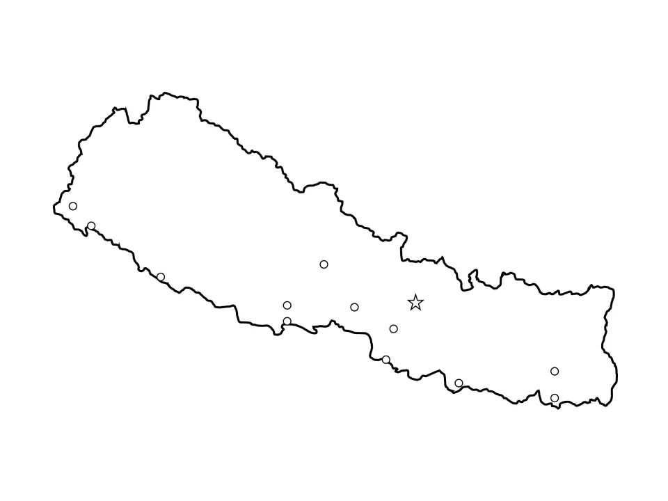 Nepal outline map with a star marking the capital and 12 unlabeled circles for cities, set up for map labeling practice