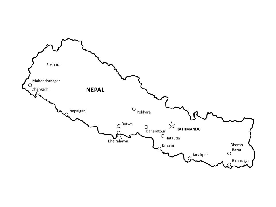 Labeled map of Nepal marking Kathmandu with a star plus cities such as Pokhara, Nepalganj, Butwal, Birganj and Biratnagar