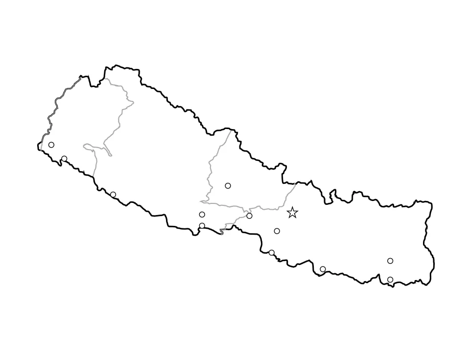Unlabeled Nepal map combining gray rivers, a capital star and city circles, for labeling both rivers and cities
