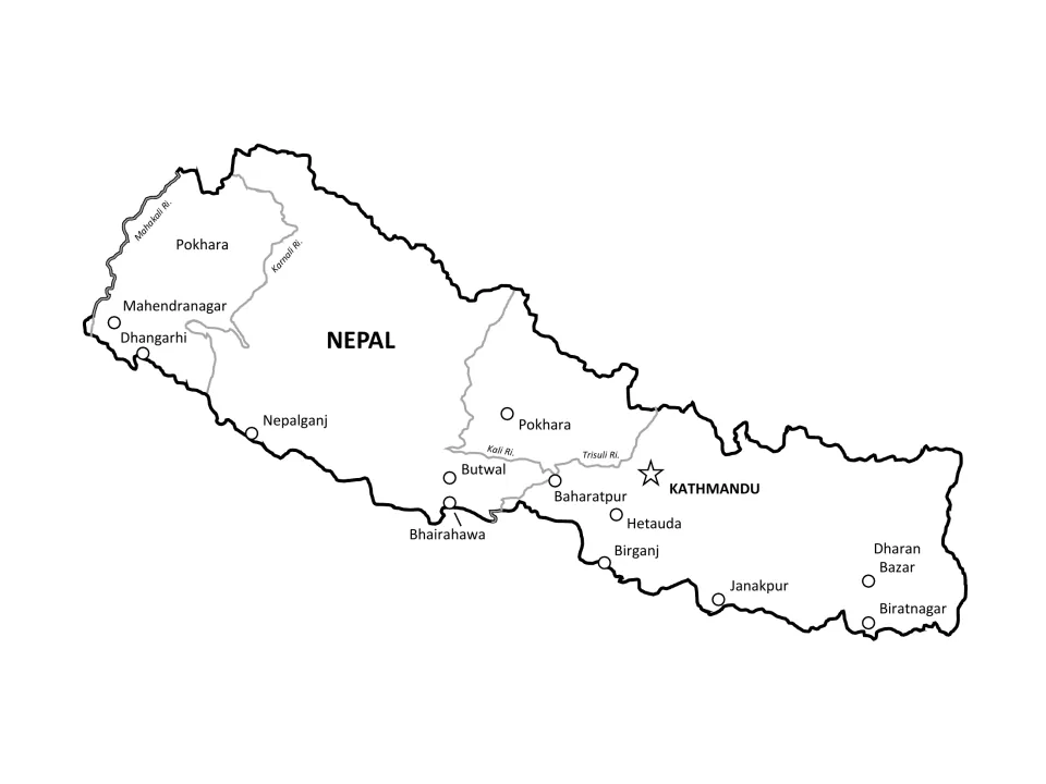Labeled Nepal map naming the Mahakali, Karnali, Kali and Trisuli rivers along with Kathmandu and other major cities