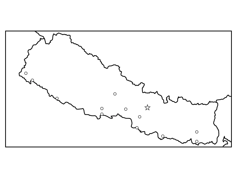 Regional Nepal map with a capital star and unlabeled city circles, for labeling cities and neighboring countries