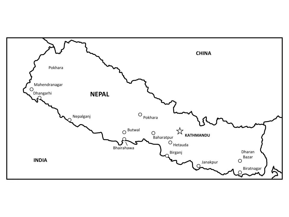 Labeled regional map showing Nepal between China to the north and India to the south, with Kathmandu and cities marked