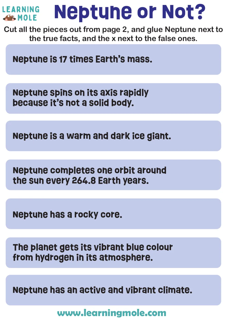 Neptune facts true or false: students glue a Neptune or an x beside 7 statements on mass, orbit, core and climate