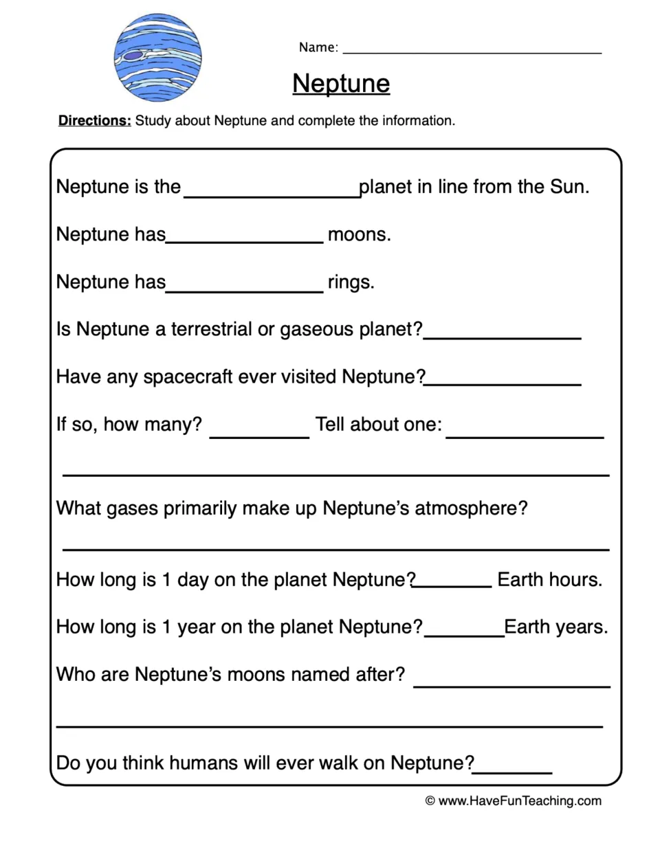 Neptune research worksheet asking about moons, rings, atmosphere, spacecraft visits, and day and year lengths.