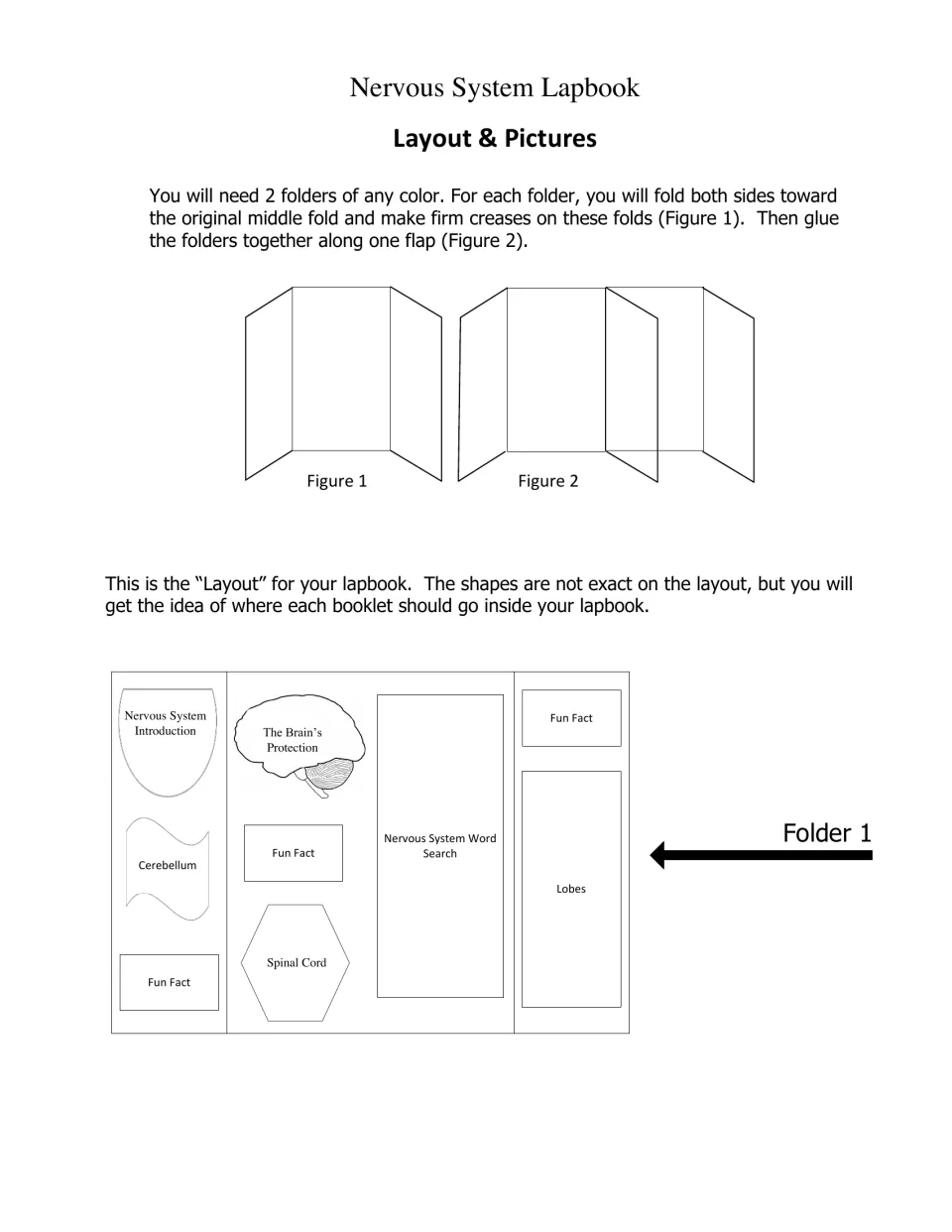 Layout for folder 1: folding diagrams for two folders plus a map placing booklets such as Cerebellum, Lobes and Spinal Cord