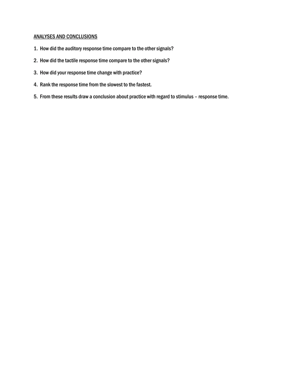 Five lab analysis questions compare responses to signals, rank response times, and examine practice effects