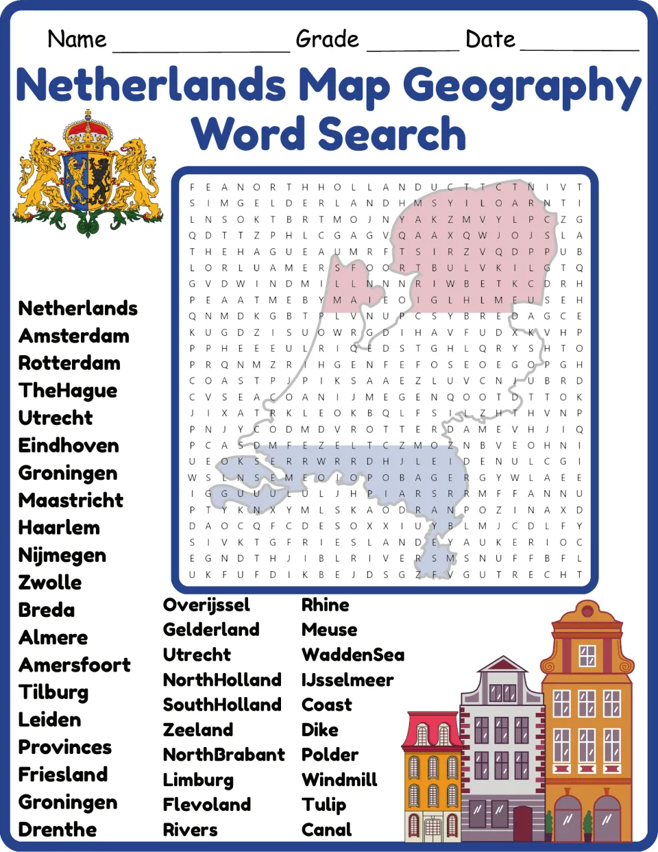 Color Netherlands geography word search featuring Amsterdam, Rotterdam, provinces, rivers, and coastal terms.