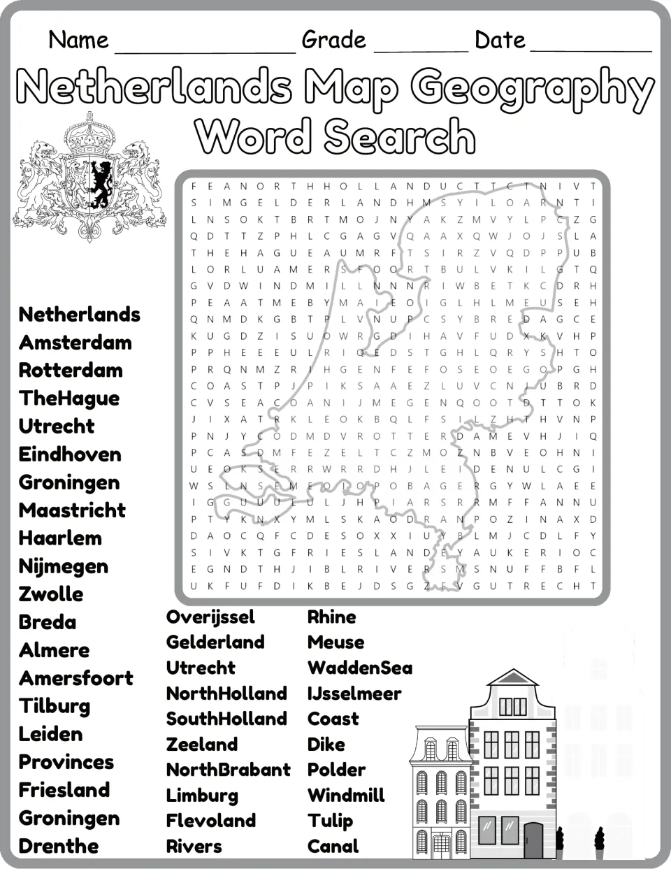 Black-and-white Netherlands geography word search featuring Utrecht, Friesland, Wadden Sea, and Windmill.