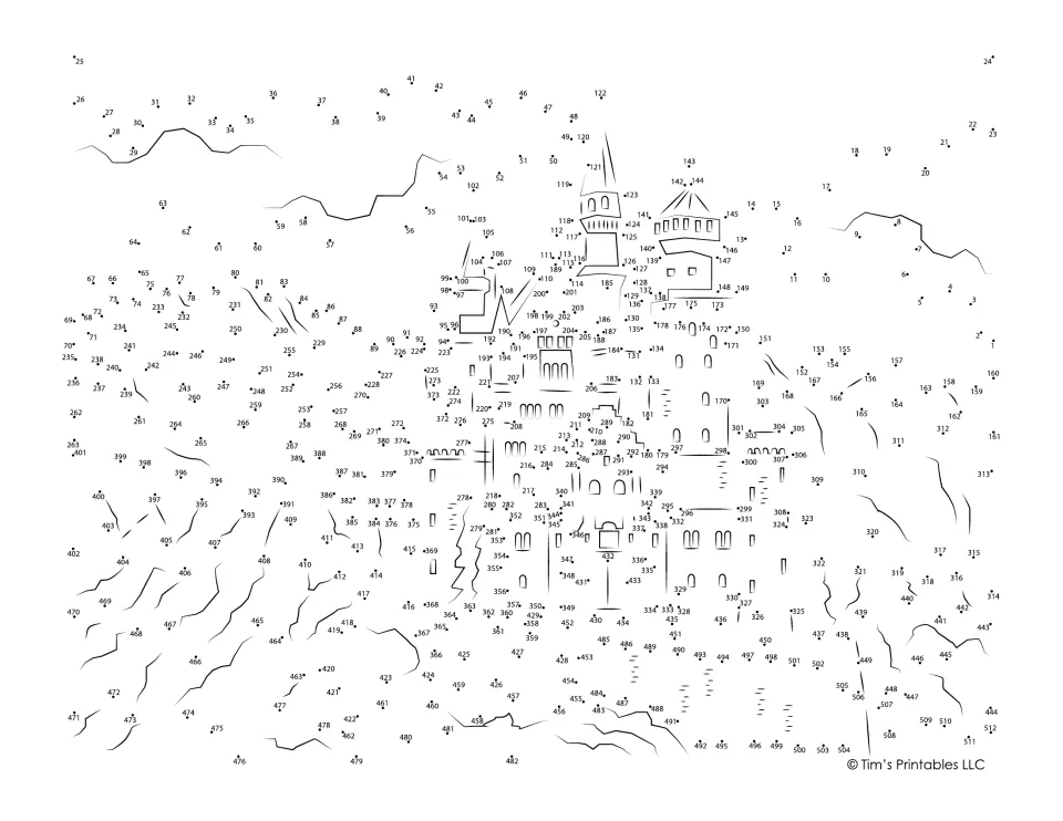 Neuschwanstein Castle dot-to-dot: students connect numbered dots from 1 to 512 to reveal the castle and hills