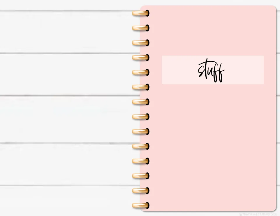 Digital notebook cover: pink spiral-bound notebook with gold rings and a "stuff" label for students to personalize