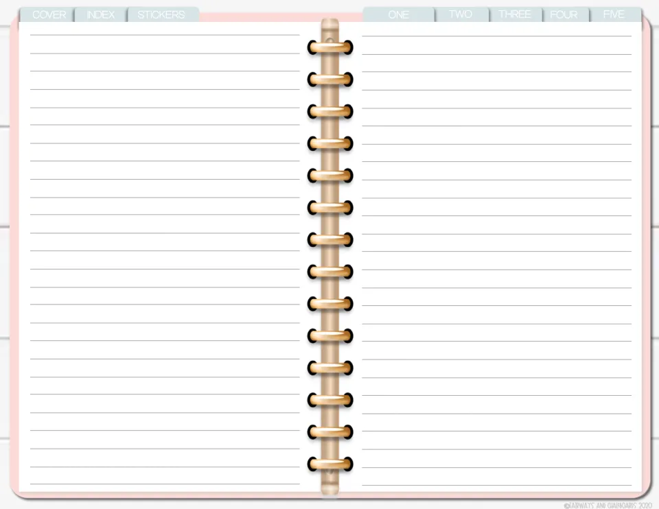 Lined writing spread: two facing ruled pages where students type notes or journal entries, with section tabs one to five