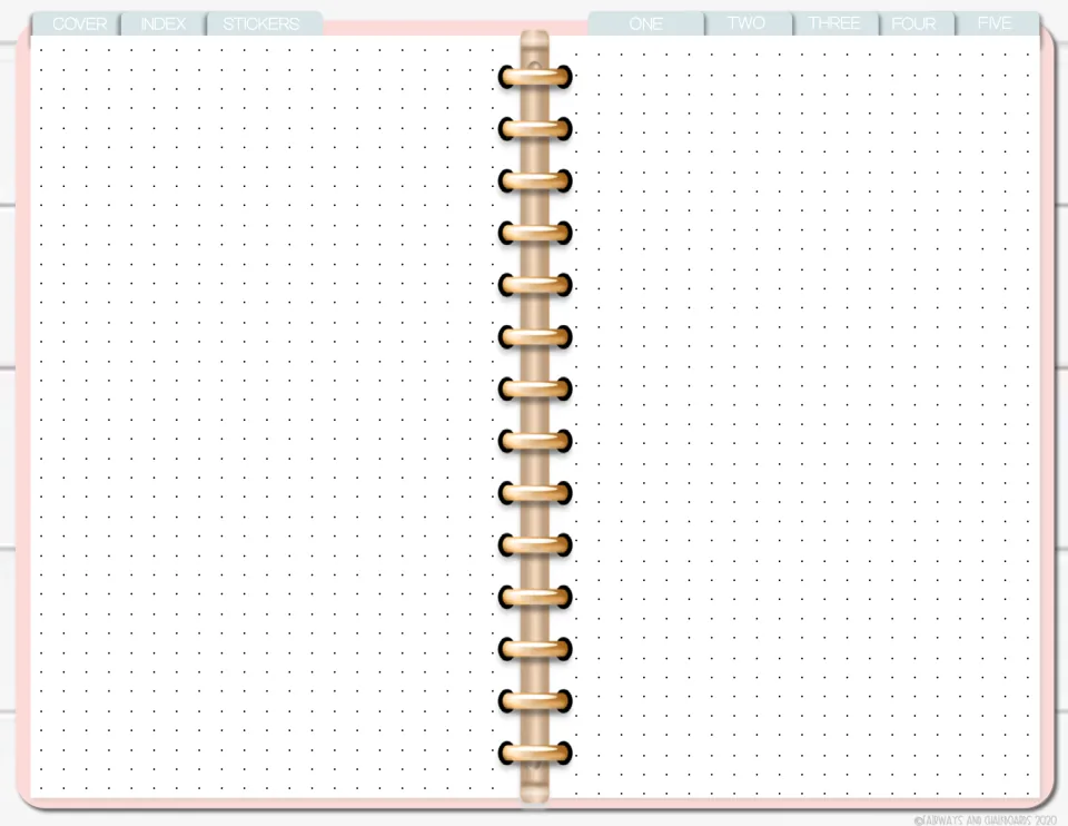 Dotted paper spread: two facing dot-pattern pages for students to sketch, diagram or plan, with section tabs