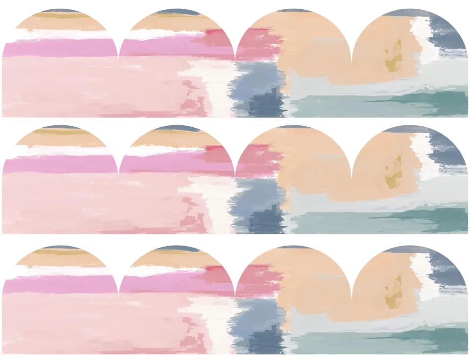Watercolor scalloped trim: three cut-out strips brushed in pink, peach, slate blue and sage, to cut and join end to end
