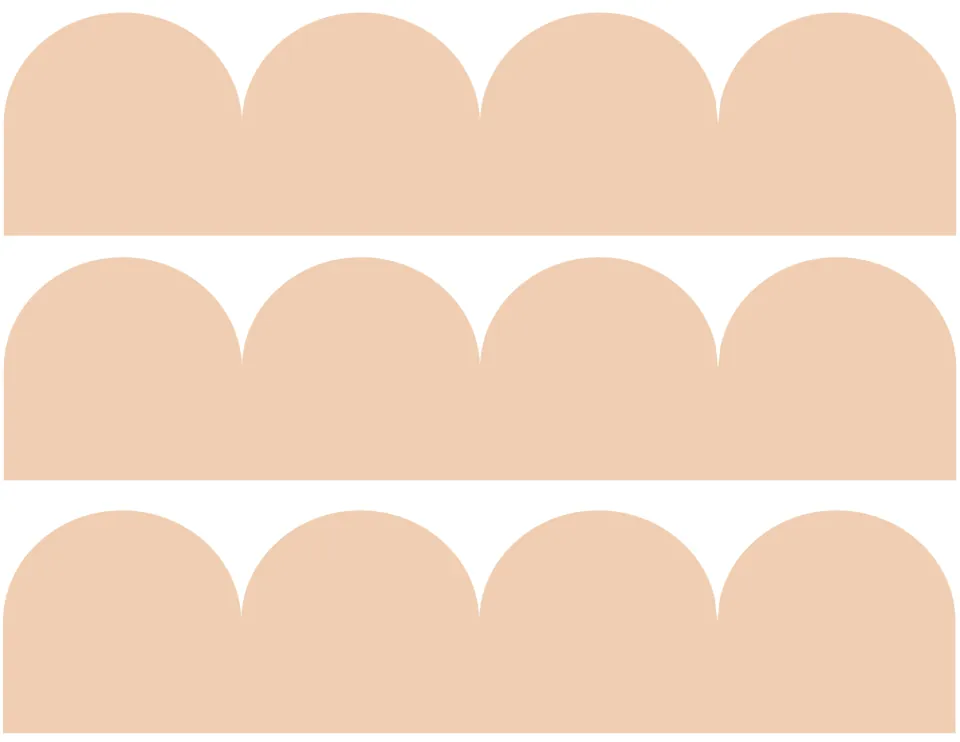 Peach scalloped trim: three solid warm-toned strips topped by four arches each, cut out and linked to frame a display
