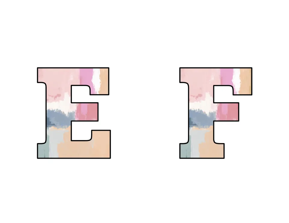 Bulletin board letters E and F, two uppercase letters to print, cut out, and add to a bulletin board.