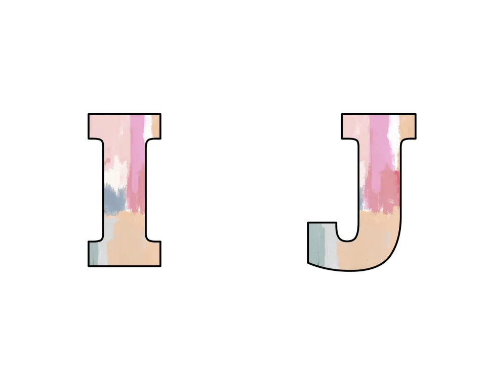 Bulletin board letters I and J, two uppercase letters to print, cut out, and add to a bulletin board.