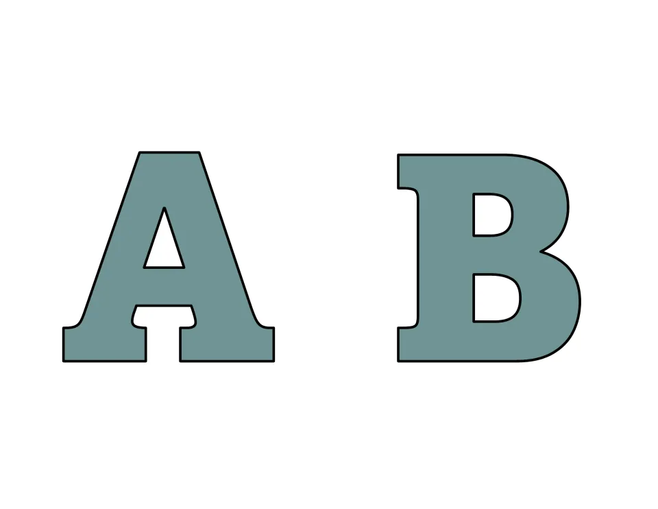 Display letters A and B: two large serif capitals filled in solid sage green with a black outline, printed to cut out