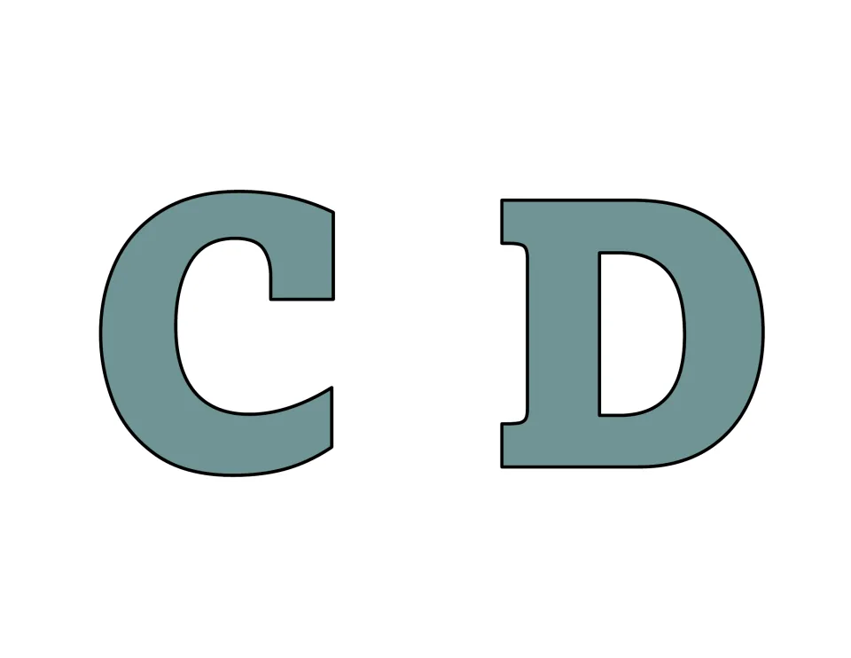 Letters C and D for a bulletin board title: bold uppercase shapes in muted gray-green, each traced in black for trimming
