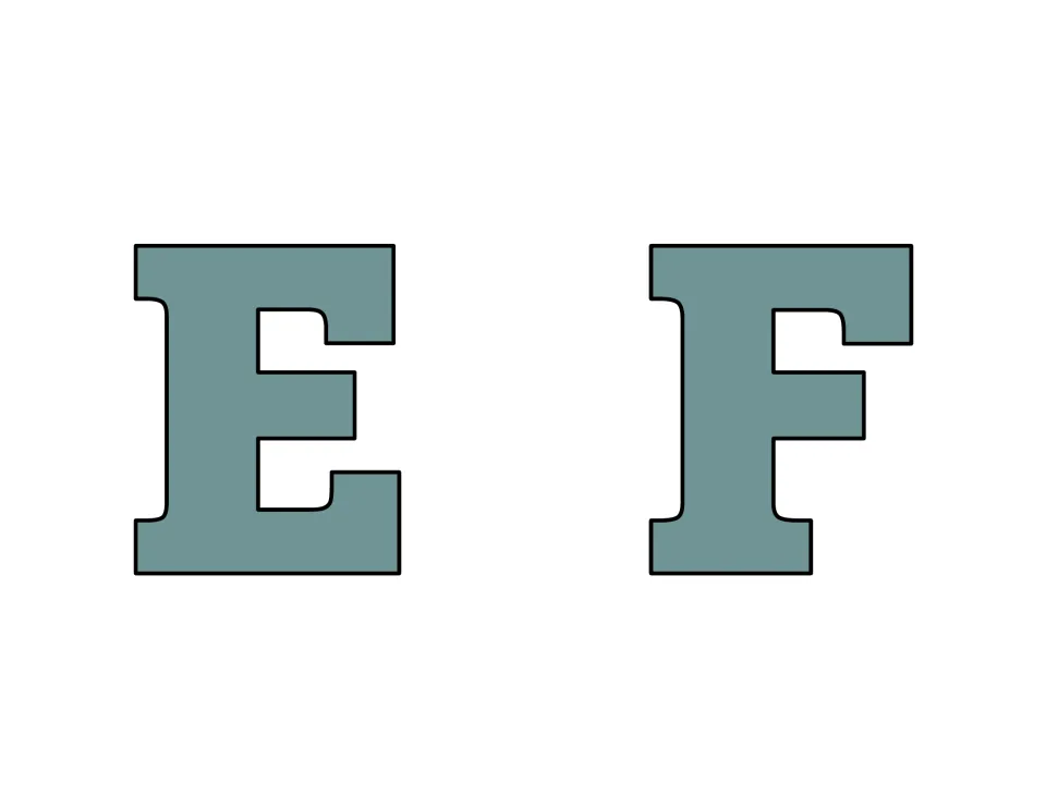 Capital E and F cut-outs: chunky slab-serif letters in a soft sage tone with dark outlines to guide scissors when cutting