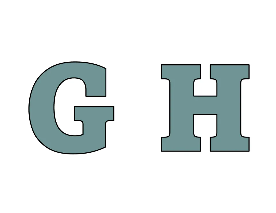 Uppercase G and H for wall displays: wide sage-green slab-serif letters outlined in black, ready to print and cut out