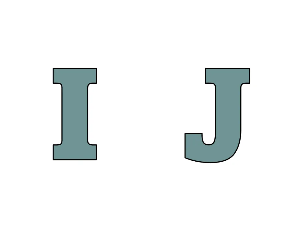 Board letters I and J: a narrow serif I beside a hooked J, both in solid gray-green with a black cutting outline
