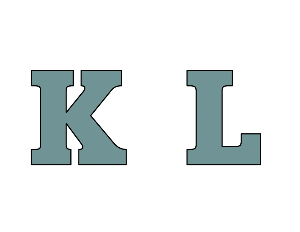 Capital K and L in sage green: heavy serif display letters with black edges, sized large for cutting out