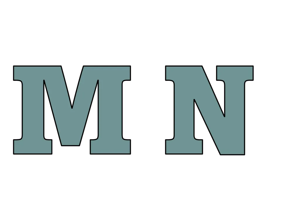 Letters M and N for headings: broad uppercase serif shapes in muted green, outlined in black to print and trim