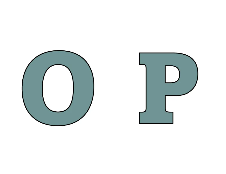 O and P display cut-outs: a rounded serif O and a bold P, each solid gray-green with a dark outline around the shape