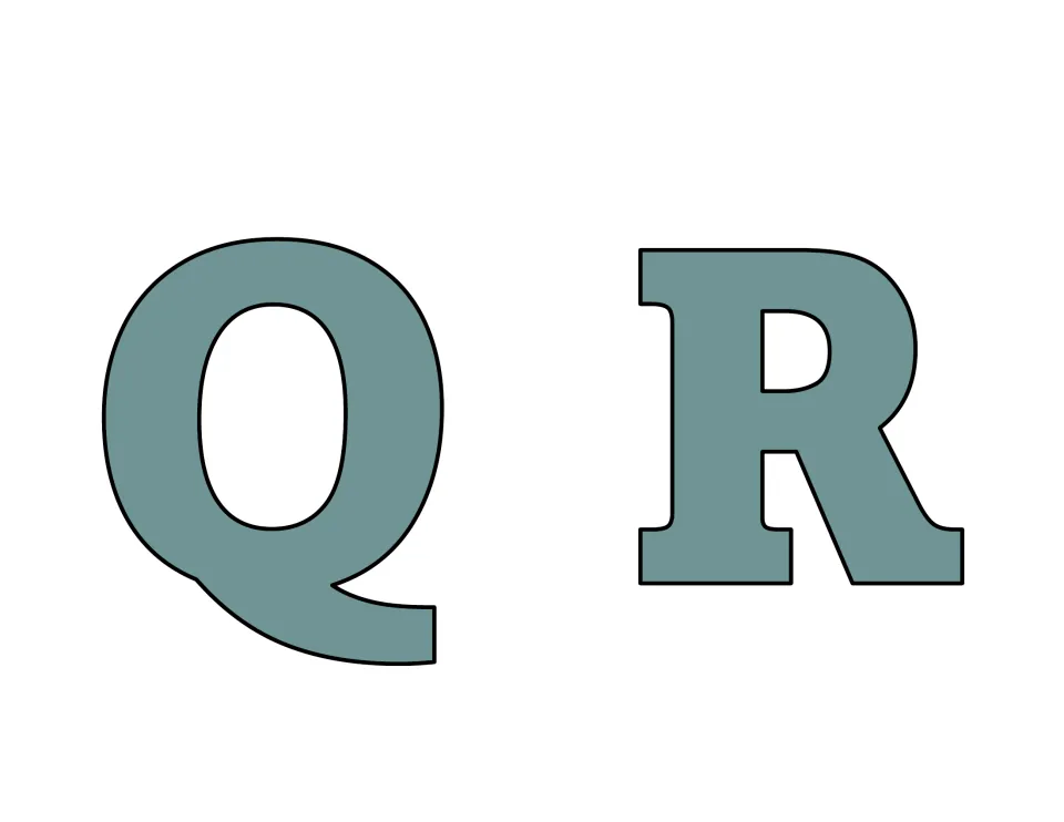 Uppercase Q and R: a tailed Q and a serif R in a sage-green fill with black outlines, printed large for cutting out