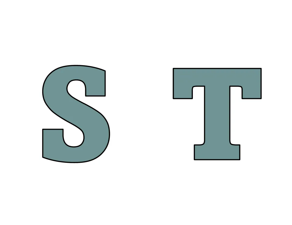 Letters S and T for a classroom display: bold serif capitals in soft gray-green with black edges, printed to cut out