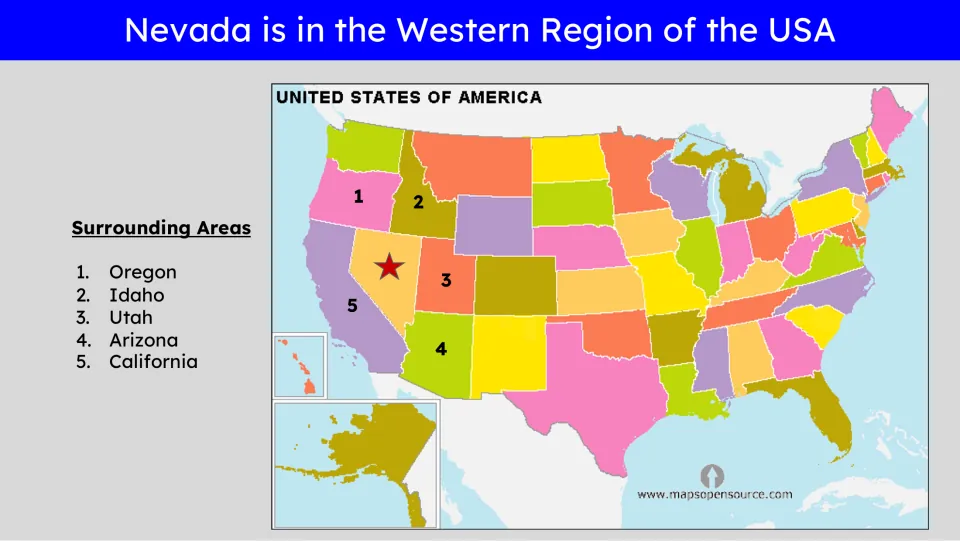 Geography slide locating Nevada in the western USA and naming Oregon, Idaho, Utah, Arizona, and California