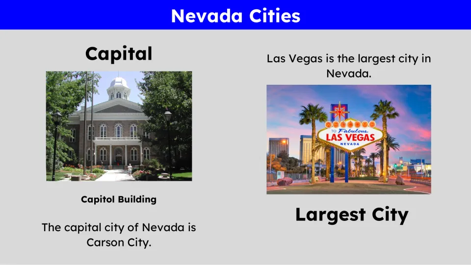Cities slide identifying Carson City as Nevada's capital and Las Vegas as its largest city, with photos