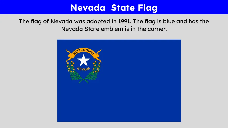 State flag slide showing Nevada's blue flag and corner emblem, with text giving its adoption year as 1991