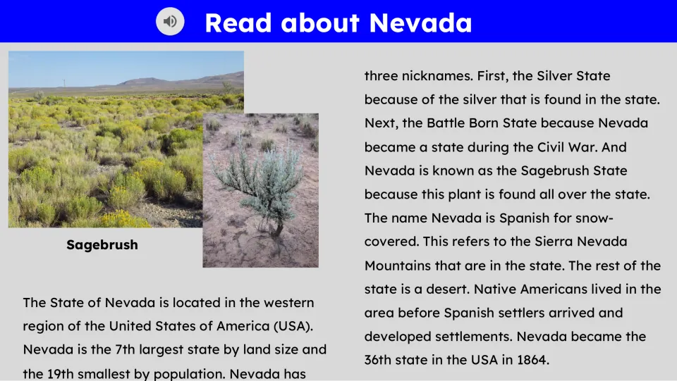 Reading slide with audio about Nevada's location, nicknames, name origin, and statehood, plus sagebrush photos