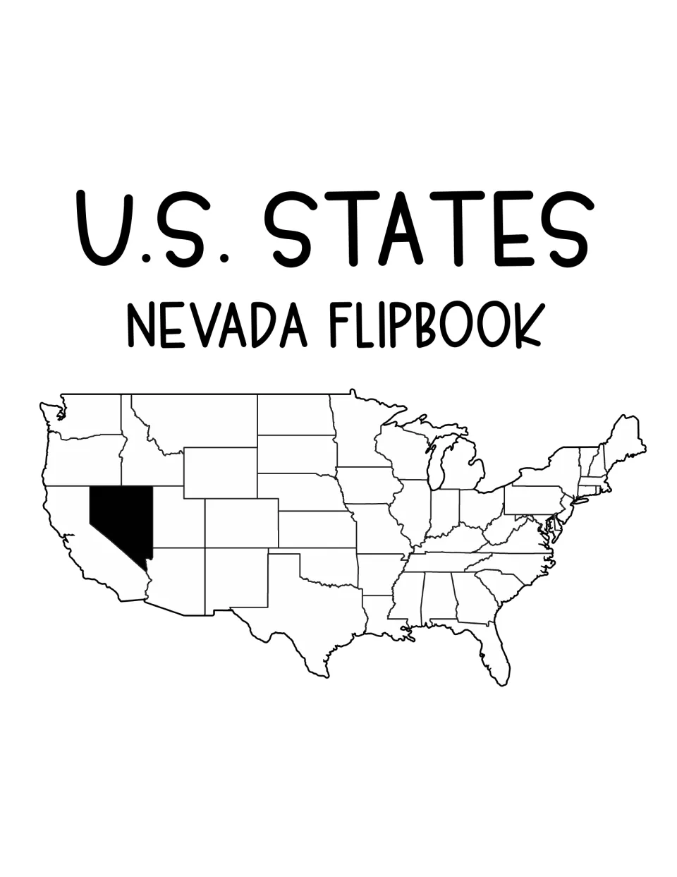 U.S. States Nevada Flipbook cover with a United States map outline and Nevada shaded in black to show its location