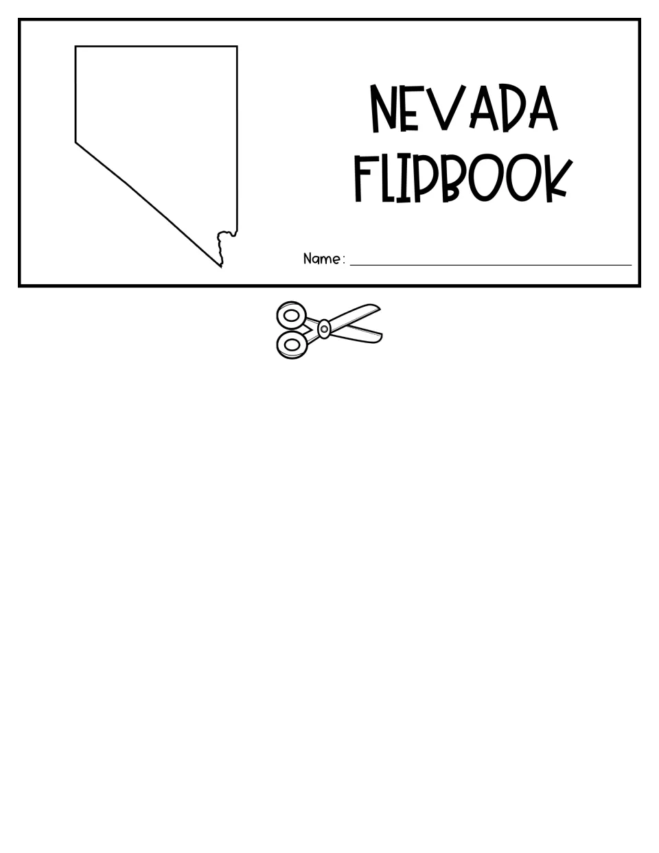 Nevada flipbook title flap with a blank state outline to color and a name line, plus scissors marking where to cut