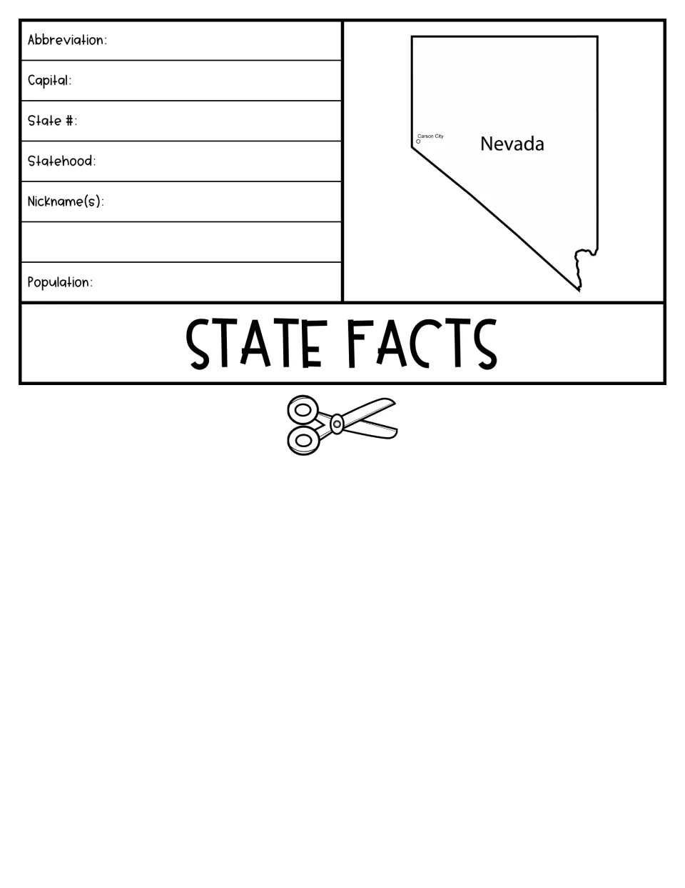 State facts flap: students record Nevada's abbreviation, capital, state number, statehood, nicknames and population