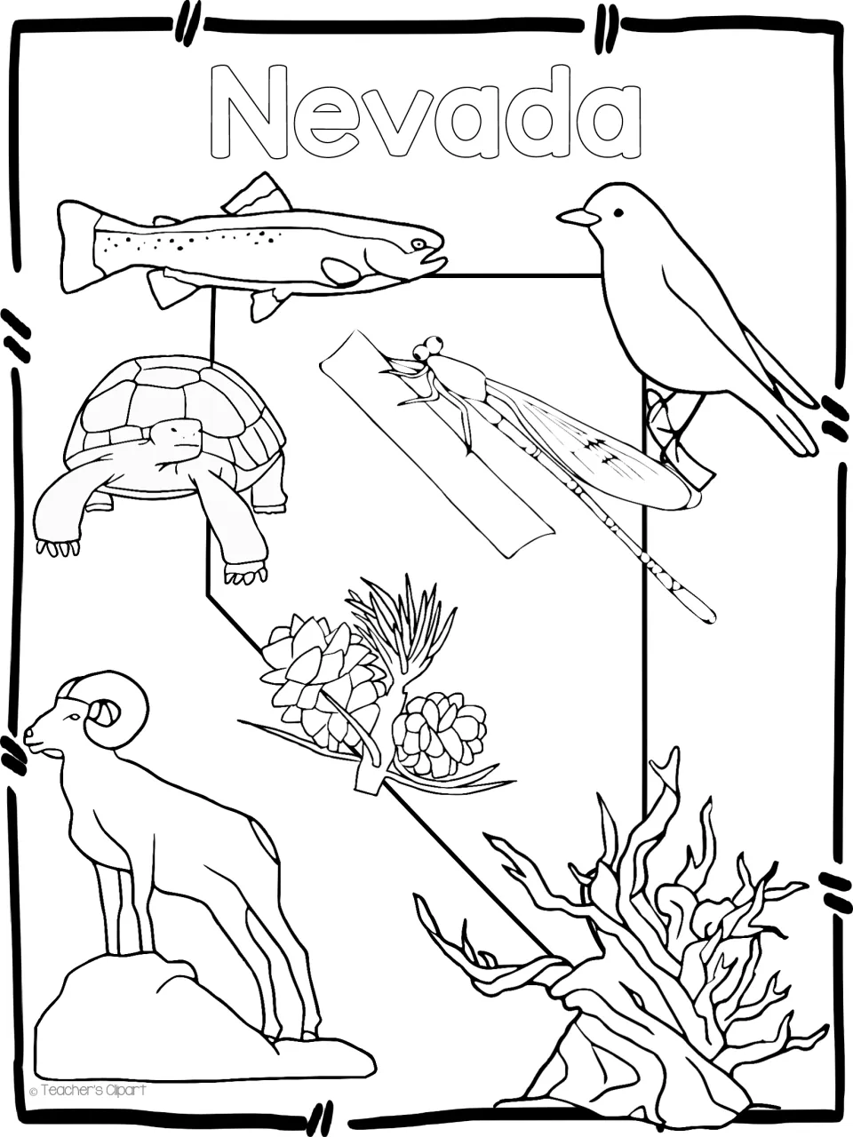 Nevada symbols line art: trout, bird, tortoise, damselfly, pine cones, bighorn sheep and gnarled tree on the state outline