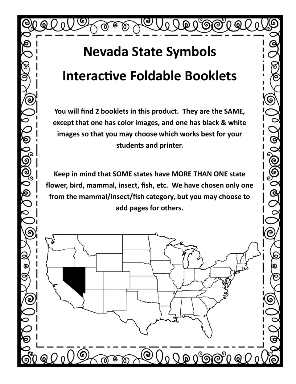 Product notes: two identical Nevada booklets, one in color and one in black and white, with Nevada shaded on a U.S. map