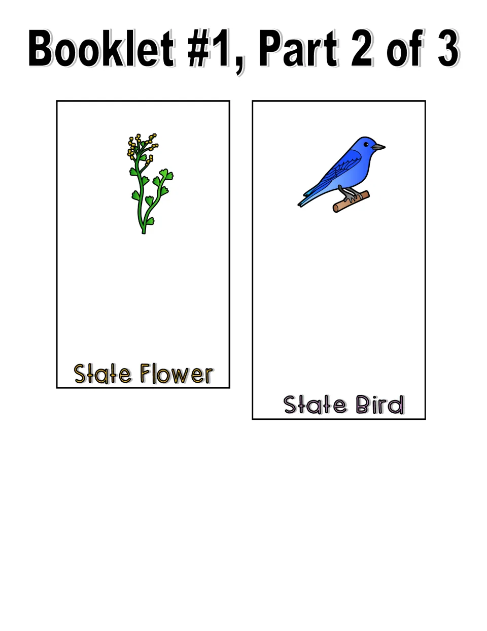 Color booklet 1, part 2 cut-out pieces: State Flower page with a yellow-flowered sprig and State Bird page with a blue bird