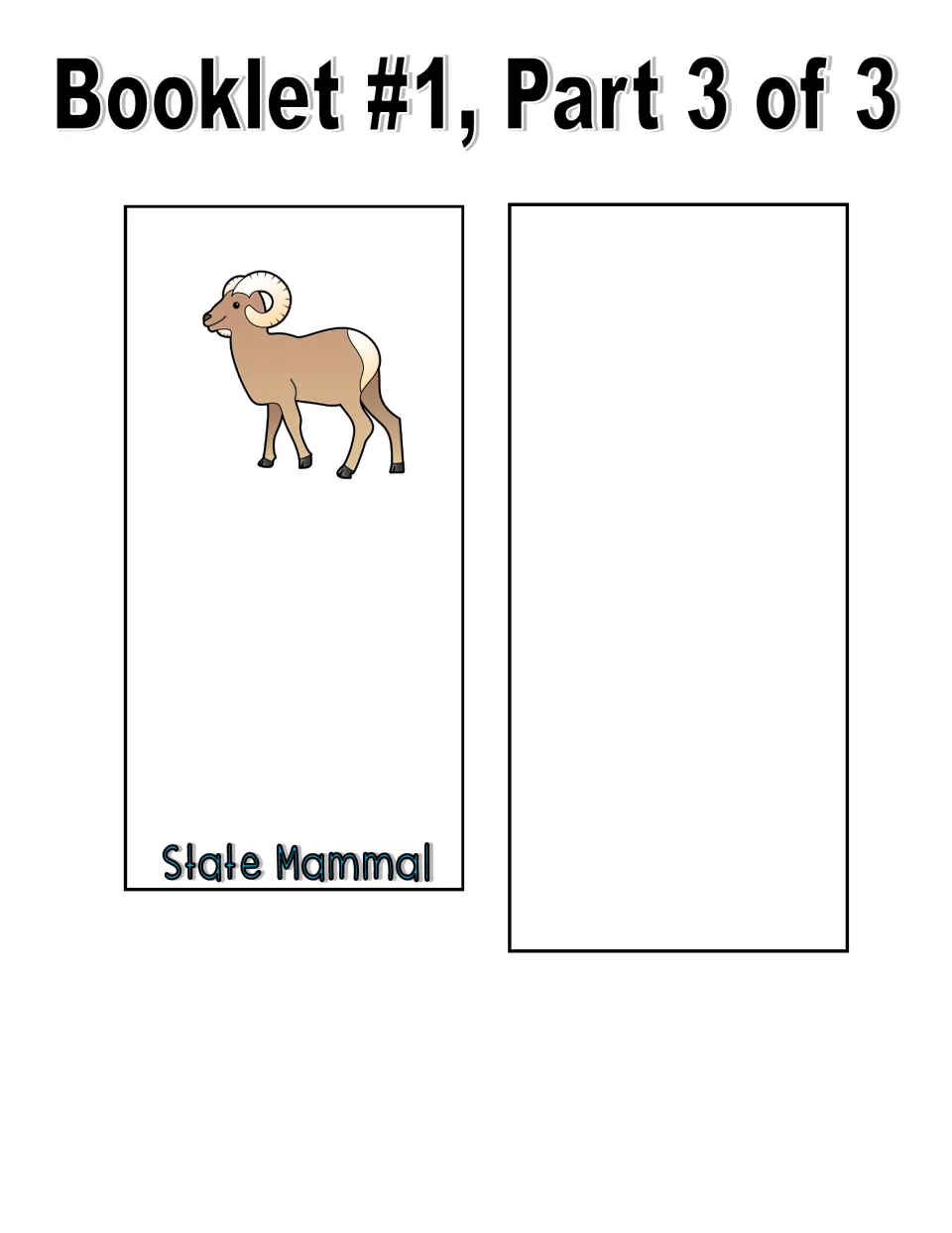 Color booklet 1, part 3 cut-out pieces: State Mammal page showing a bighorn ram and a blank extra page for another symbol