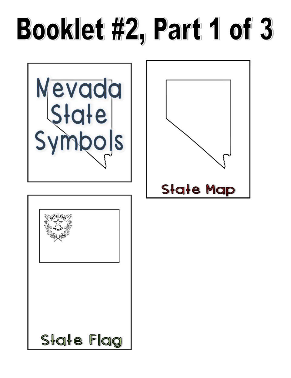 Black-and-white booklet 2, part 1 cut-out pieces: Nevada title page, outline State Map page and State Flag page to color