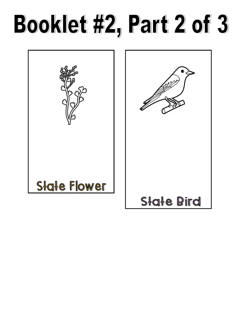 Black-and-white booklet 2, part 2 cut-out pieces: State Flower page with a sprig drawing and State Bird page with a bird