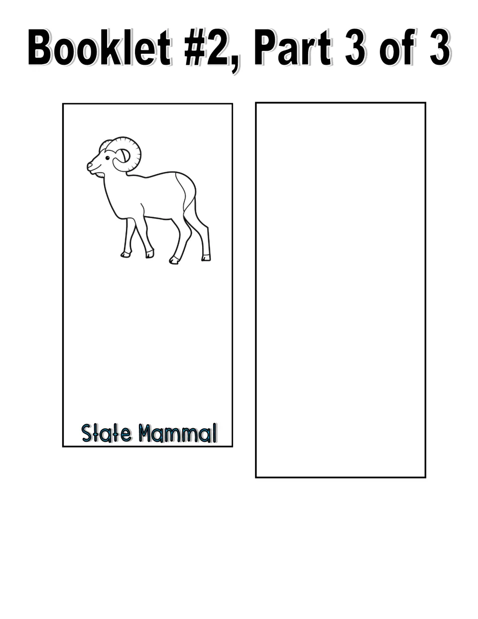 Black-and-white booklet 2, part 3 cut-out pieces: State Mammal page with a ram outline and a blank extra-symbol page