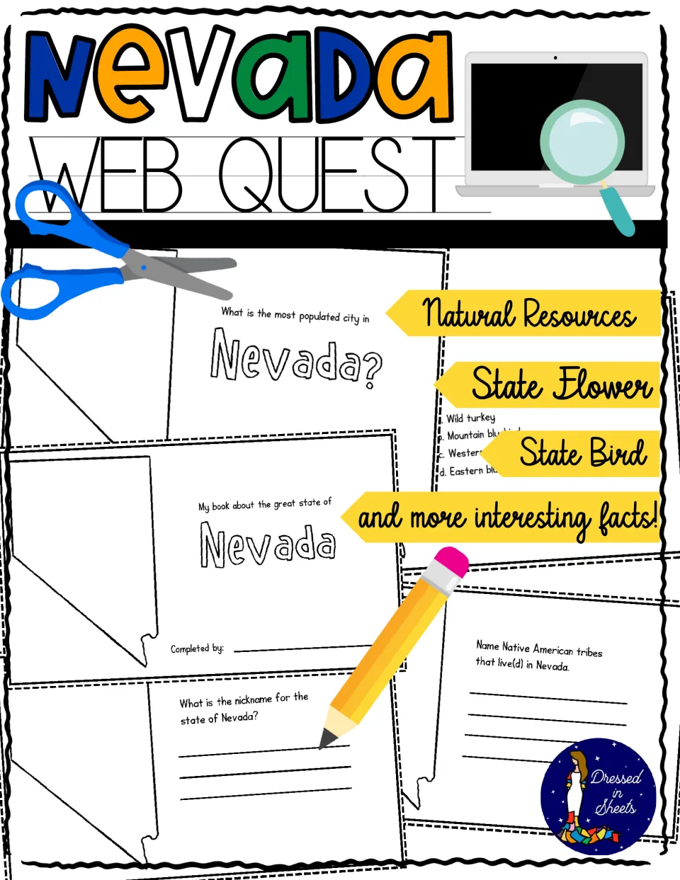 Nevada Web Quest cover showing mini-book pages on natural resources, state flower, state bird and more facts to research