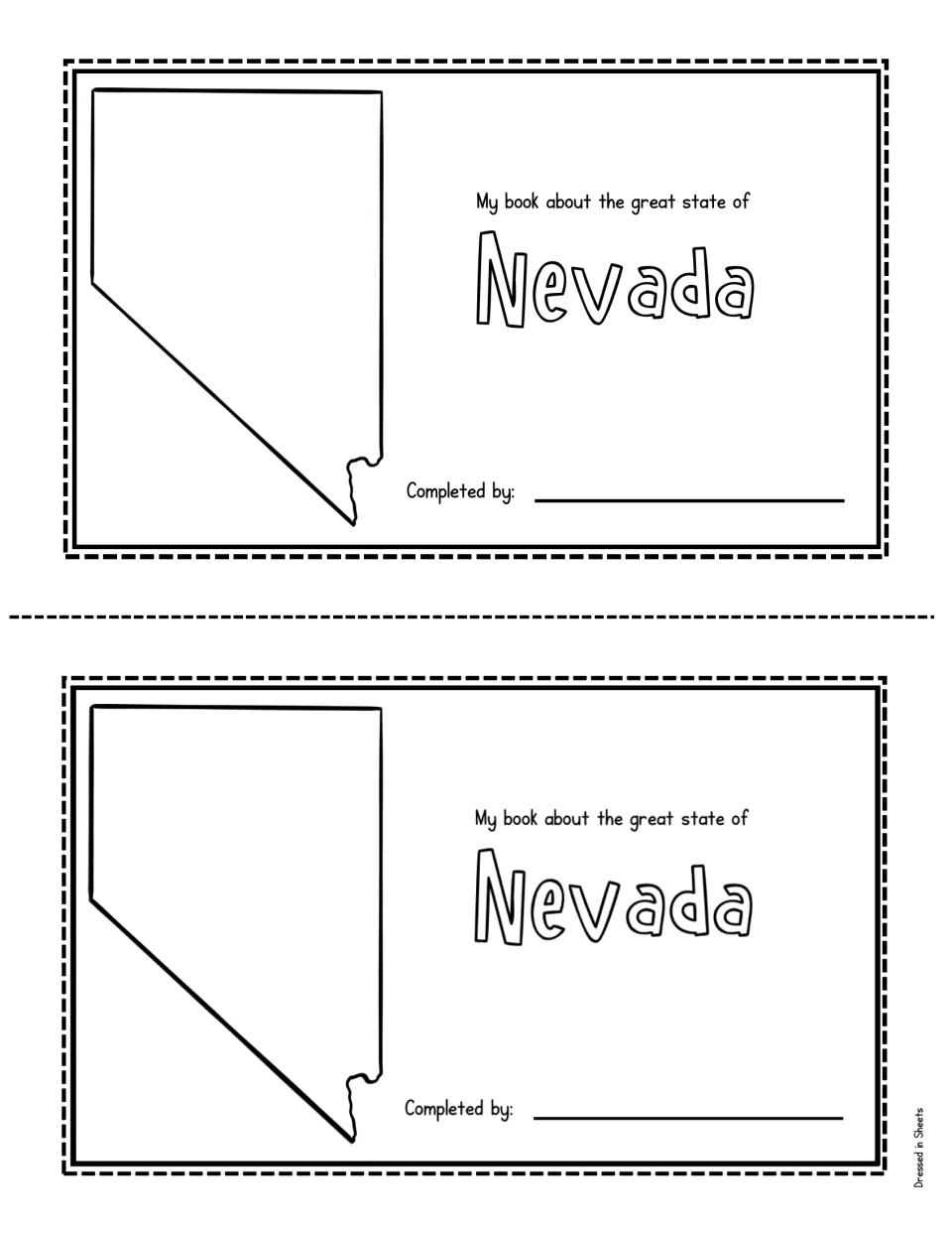 Mini-book cover: 'My book about the great state of Nevada' beside a state outline, with a Completed by line for names