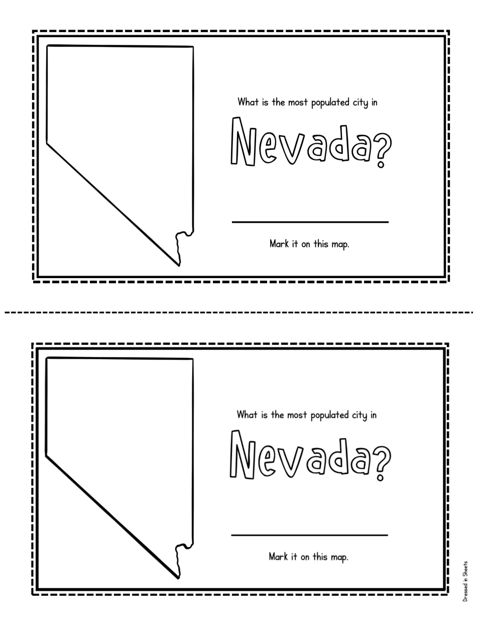 Largest city page: students research the most populated city in Nevada, write its name and mark it on the state map