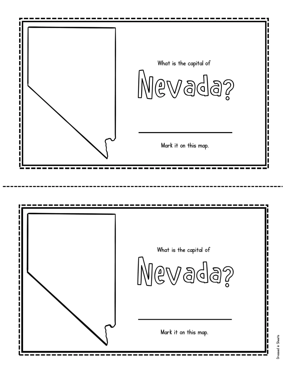 State capital page: students find the capital of Nevada, write it on the line and mark its location on the outline map